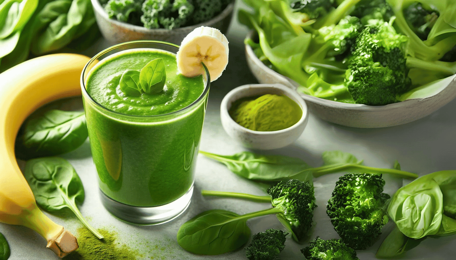 Batido verde energizante en un vaso con una rodaja de plátano 3